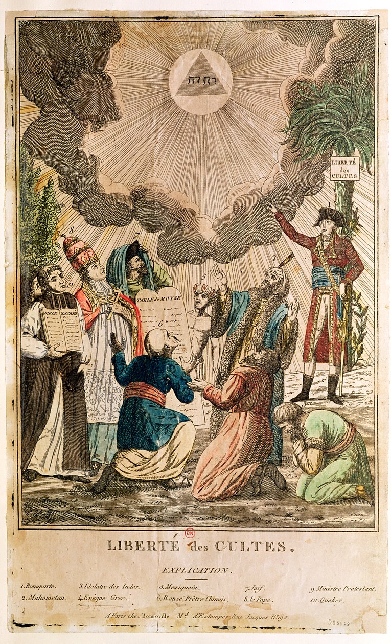 Dekret om indstiftelse af frihed til tilbedelse, november 1799 (farvet indgravering) af French School