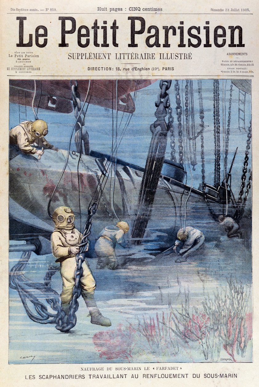 Dybhavsdykkere, der forsøger at hæve Farfadet, fra Le Petit Parisien, 23. juli 1905 af French School