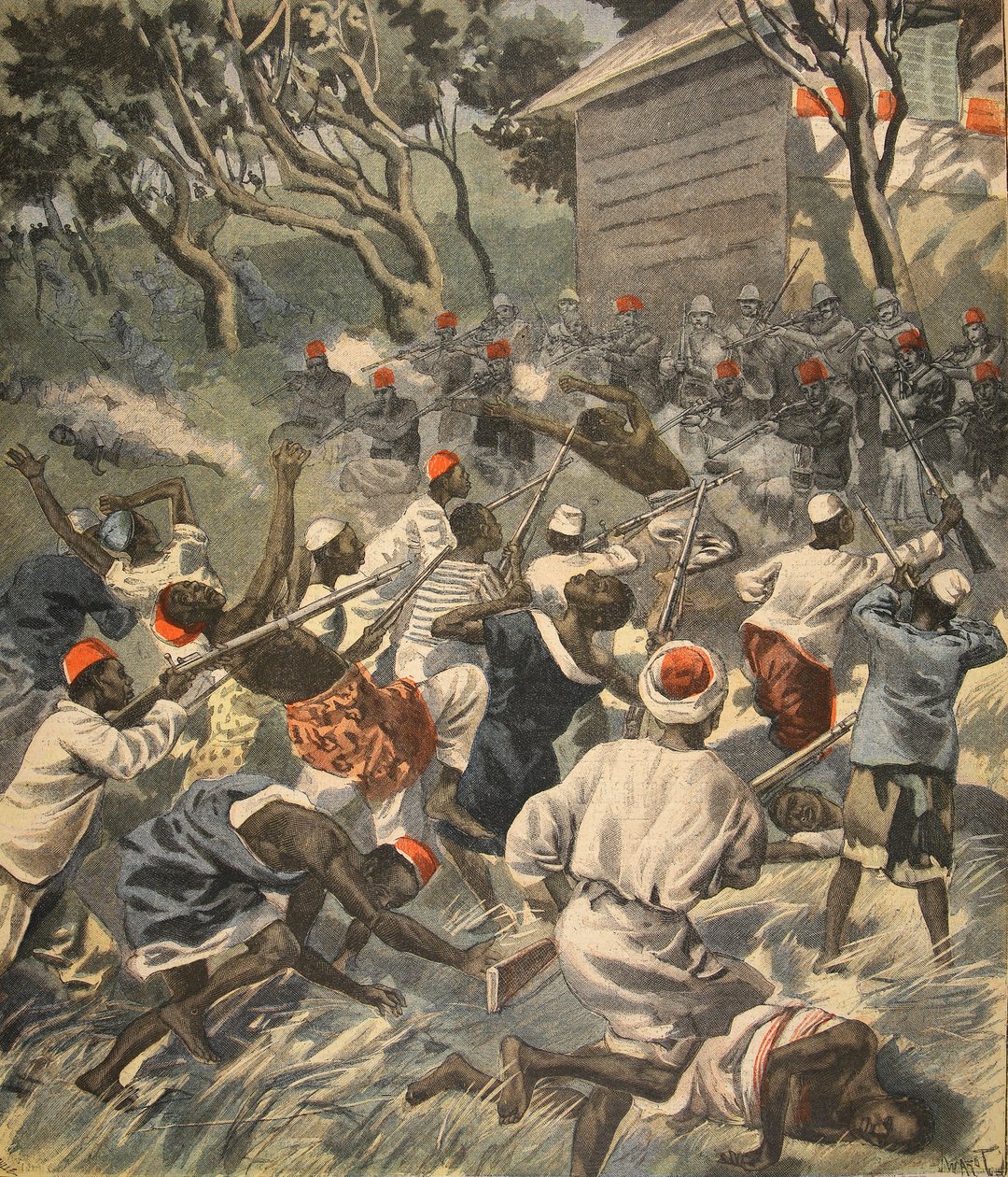 At besejre Sakalava-folket, Madagaskar, illustration fra Le Petit Journal: Supplement illustre, 3. april 1898 af French School