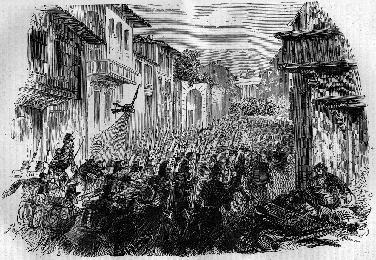 Forsvar af Rom mod den franske hær. General Oudinot erobrede Rom i slaget ved Janicule den 30. juni 1849 og jagtede de revolutionære i juli for at svare pave Pius IX. Indgravering i "Histoire des Papes-Rois-Queen and Empereurs a travers les centur af French School
