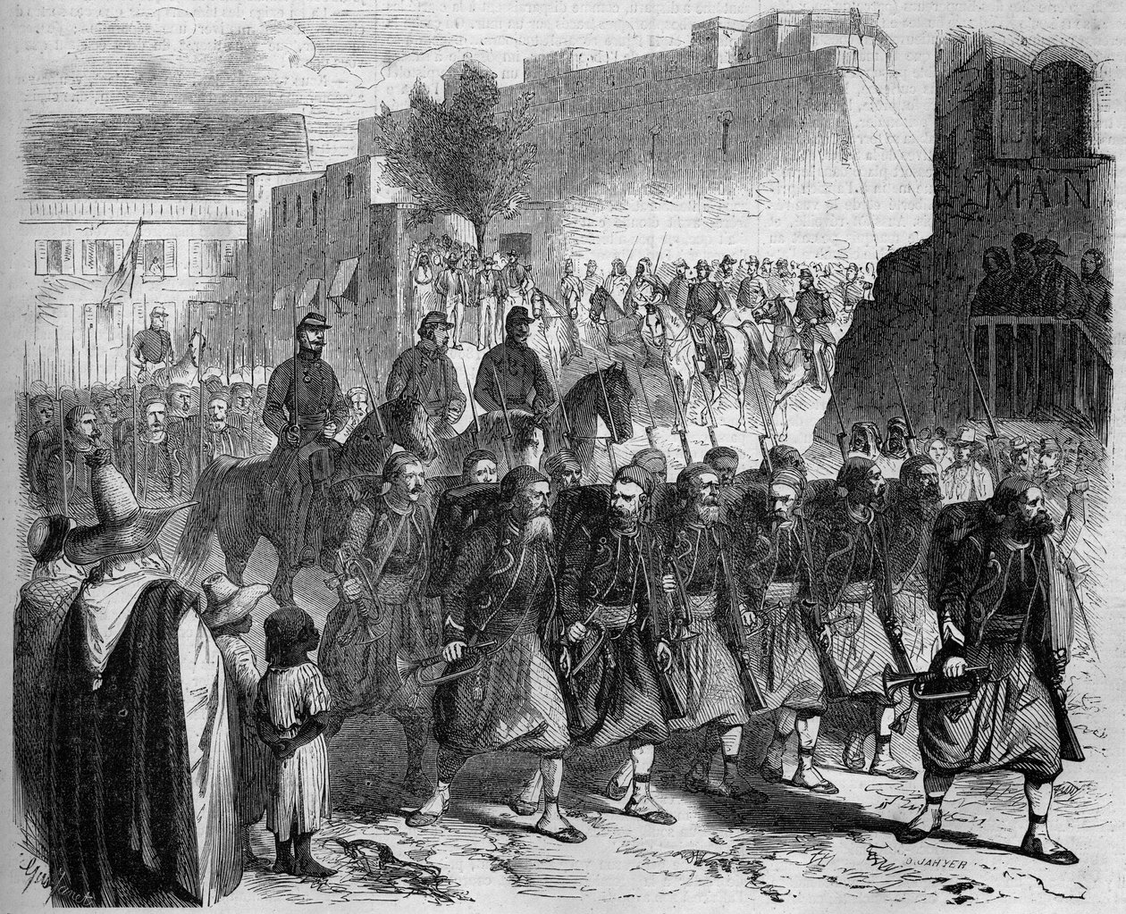 Besmitte de 2. Zouave, tilbage fra Kabylie, foran General de Montauban. Oran, Algeriet af French School