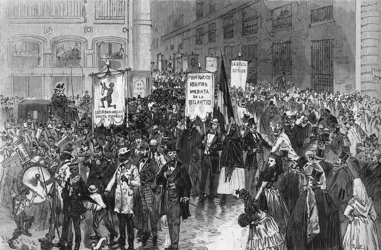 Demonstration i Madrid i 1873 for afskaffelse af slaveriet i de spanske kolonier. af French School