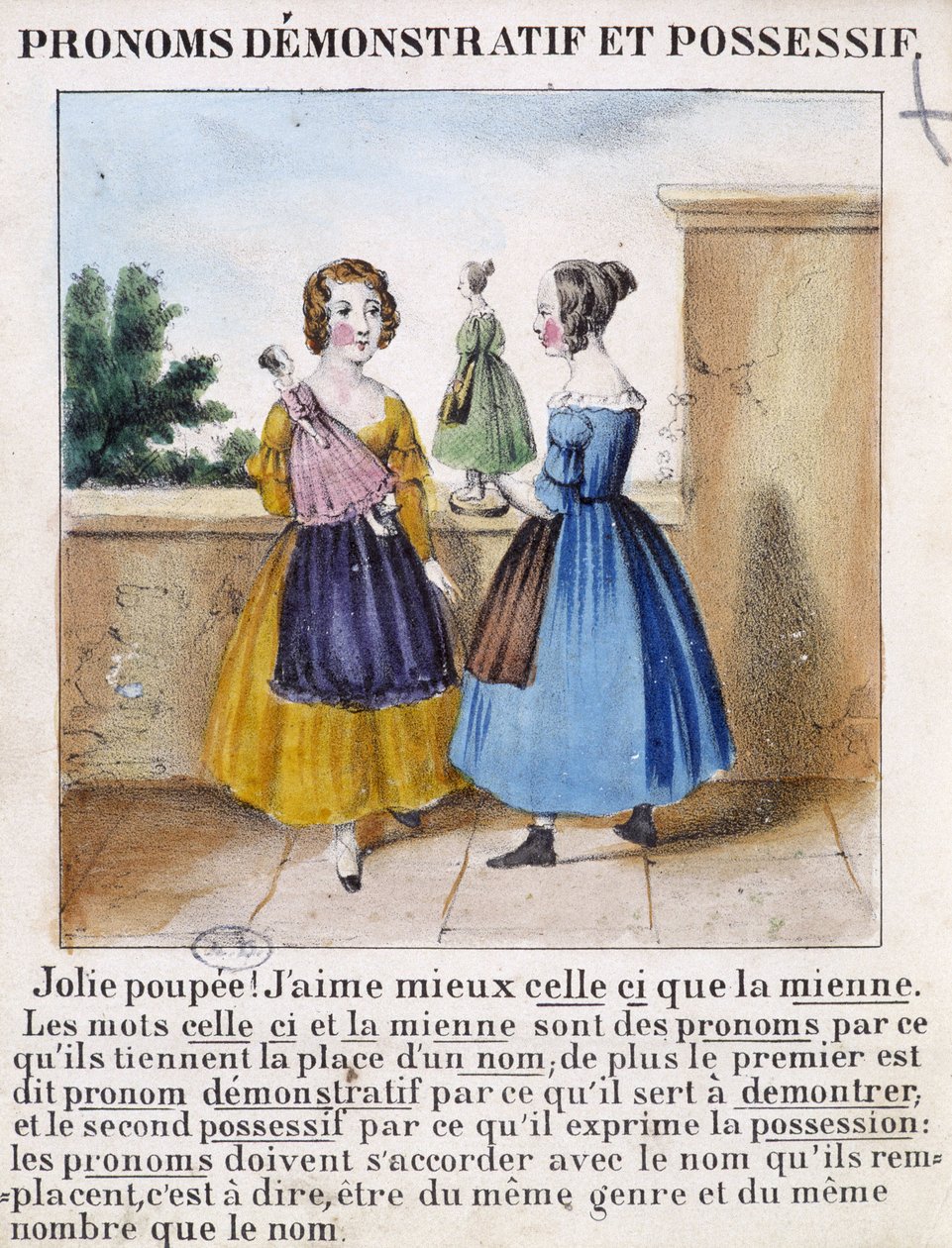 Demonstrative og besiddende pronominer (2 piger, der leger med dukker) - i "" La grammaire en images"" af French School