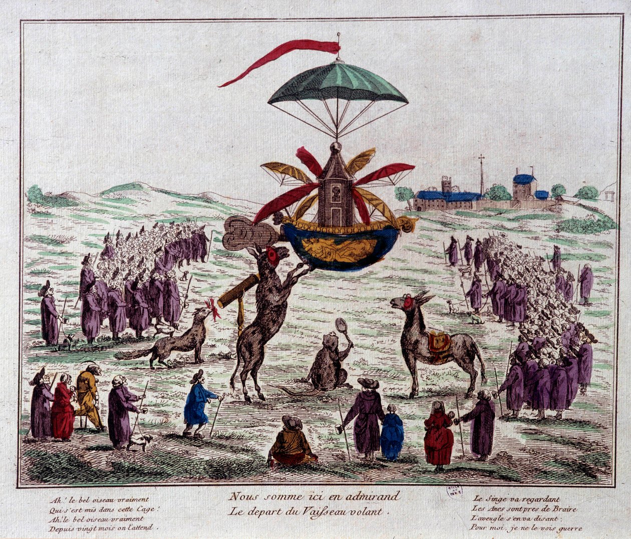 Afgang fra satireflyvende skib på den flyvende maskine forestillet af Jean-Pierre Blanchard (1753-1809): æsler, aber og blinde ser på den mærkelige maskine udstyret med seks vinger og et ror. Stik fra slutningen af 1700-tallet. Paris, Musée Carn af French School