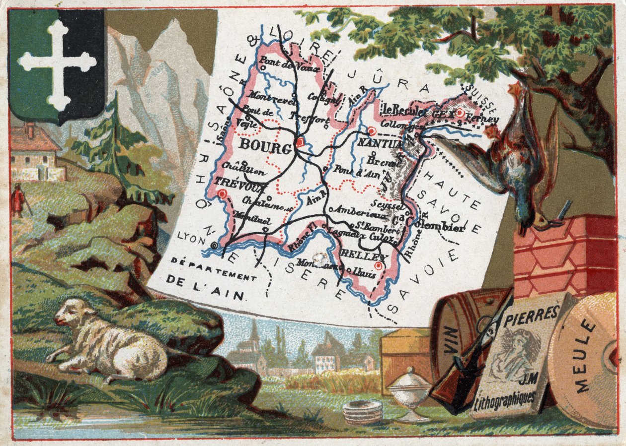 Department of Ain (01), Rhone-Alpes (Rhone Alpes), Frankrig. Lokal specialitet: avl, jagt, vin, slibeskive og litografi. Serie om de franske departementer. Chromolithography (Chromo) "" den geografiske tråd"", ca. 1920. Privat samling. af French School