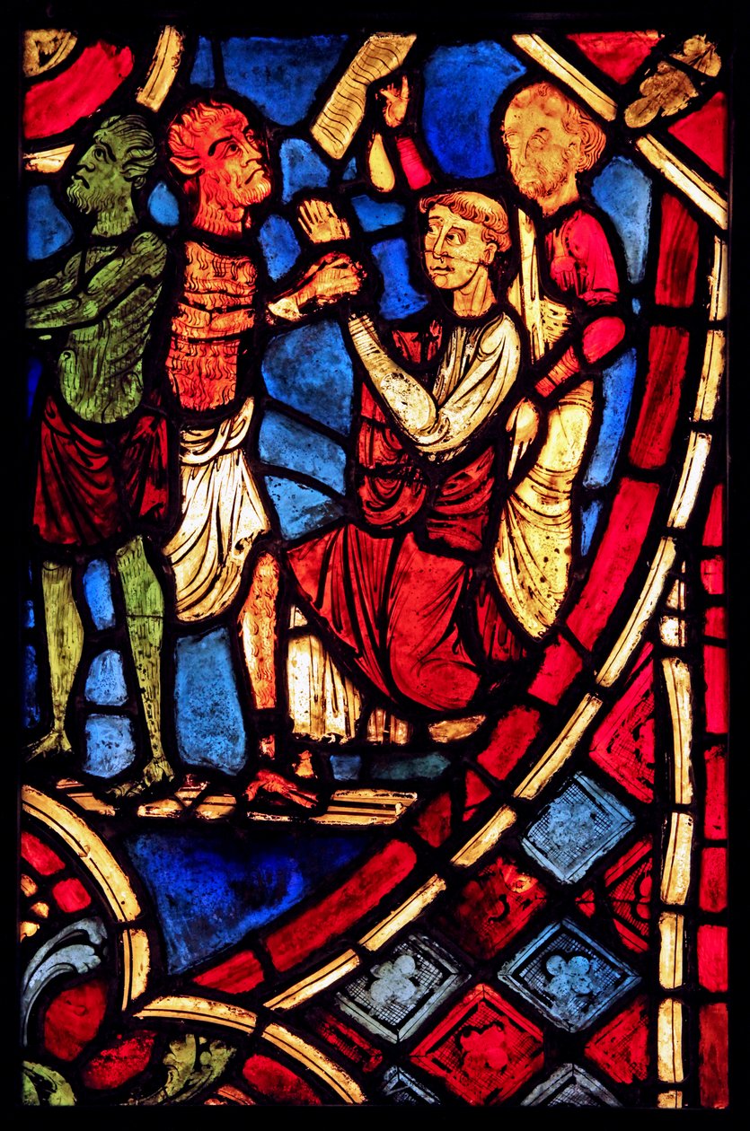 Afbildet Theophilus indgår en aftale med en djævel; fra kirken Varennes-Jarcy (oprindeligt fra Abbey de Gercy?) af French School
