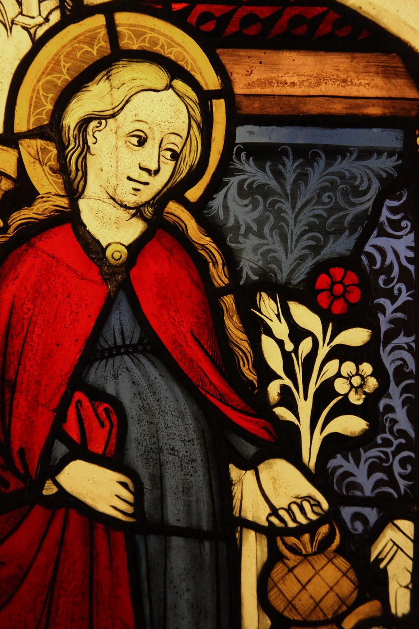 Viser en detalje af Jomfru Maria ved bebudelsen, oprindeligt fra Øvre Rhinen (farvet glas) af French School