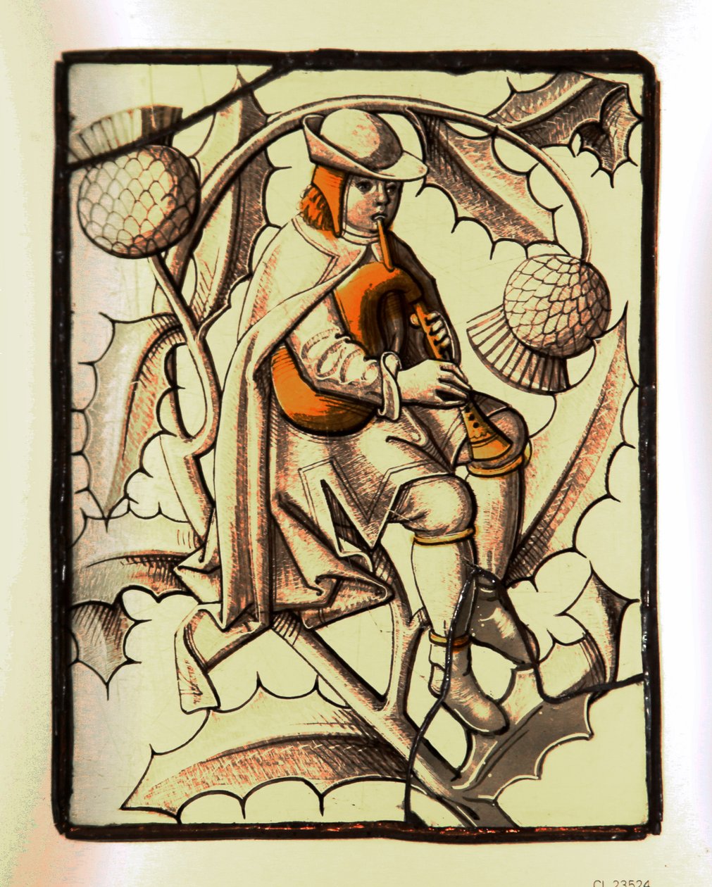 Viser en musiker, der spiller cornamuse - fransk glas af French School
