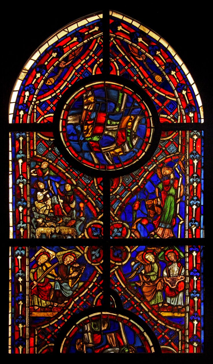 Afbilder en del af et vindue fra kirken Varennes-Jarcy (oprindeligt fra Abbey de Gercy?); scener inkluderer bebudelsen til hyrderne, synagogen og musikengle (farvet glas af French School
