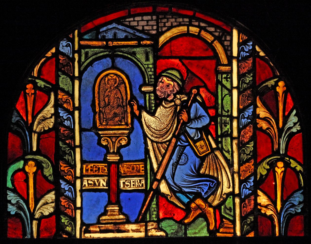 Afbildning af en scene fra St Nicholas Life, ex Troyes Cathedral: en låner har mistet sine penge og går til statuen af St Nichoas, som fører tilsyn med sådanne sager af French School