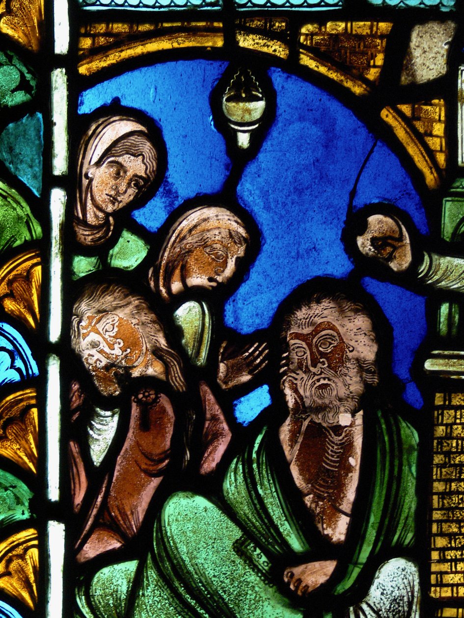 Skildrer en scene fra St Nicholas Life, ex Troyes Cathedral: helgenen efterlader penge til en mand og forhindrer dermed hans døtre i at gå i prostitution af French School