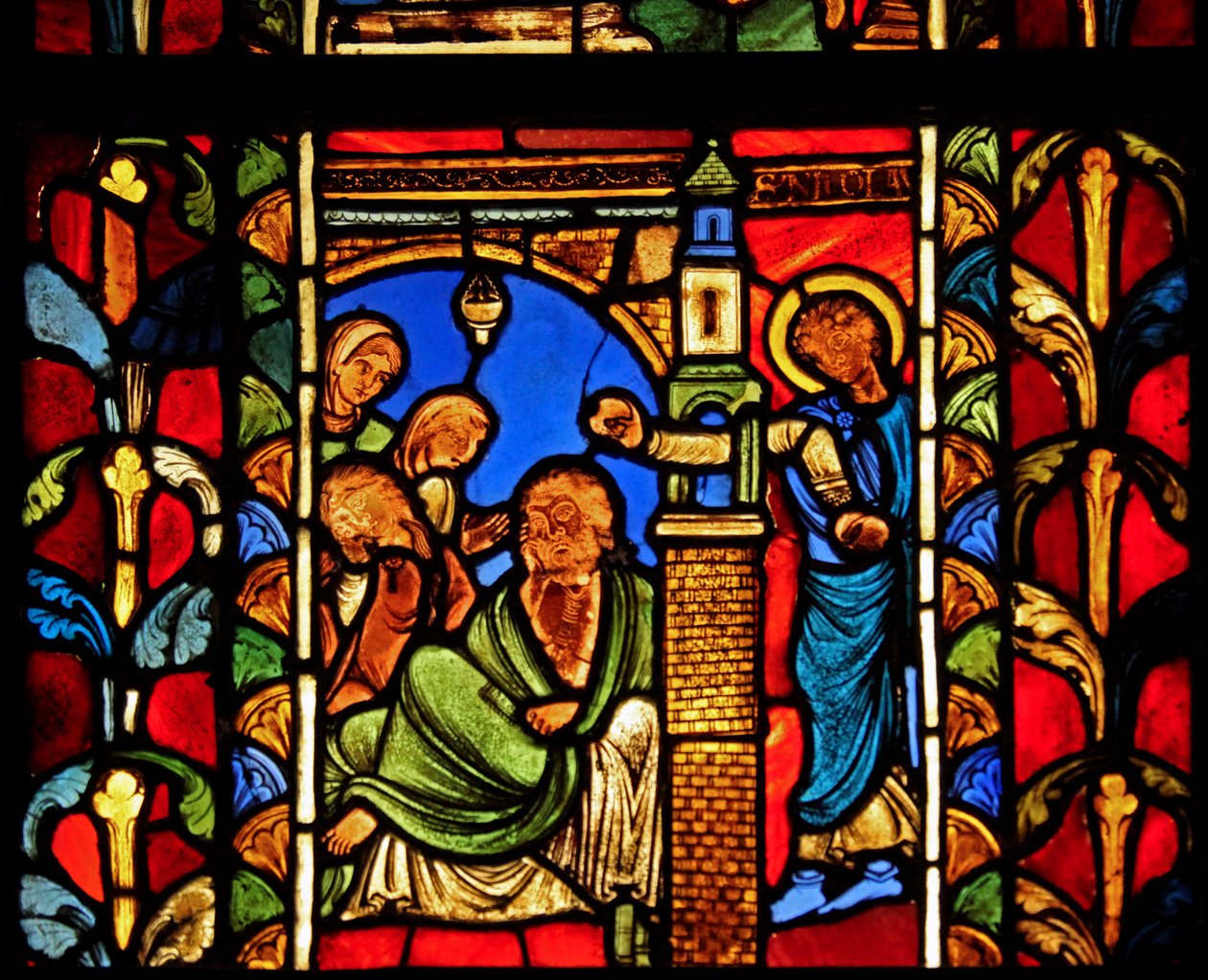 Skildrer en scene fra St Nicholas Life, ex Troyes Cathedral: helgenen efterlader penge til en mand og forhindrer dermed hans døtre i at gå i prostitution af French School