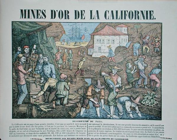 Afbildning af guldminerne i Californien, midten af det 19. århundrede (farvet indgravering) af French School