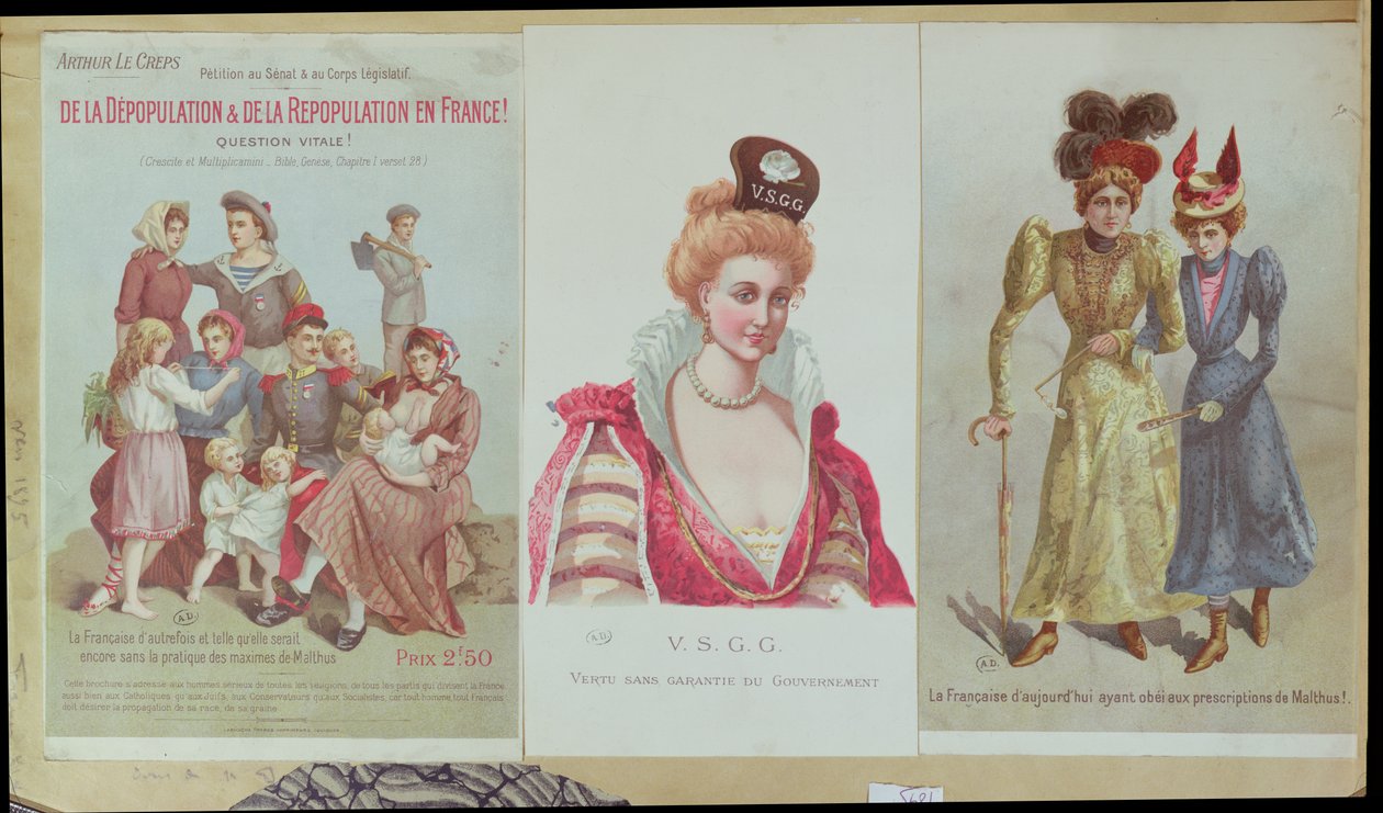 Affolkning og genbefolkning i Frankrig, hæfte af Arthur Le Creps mod malthusianisme, 1895 (farvestik) af French School