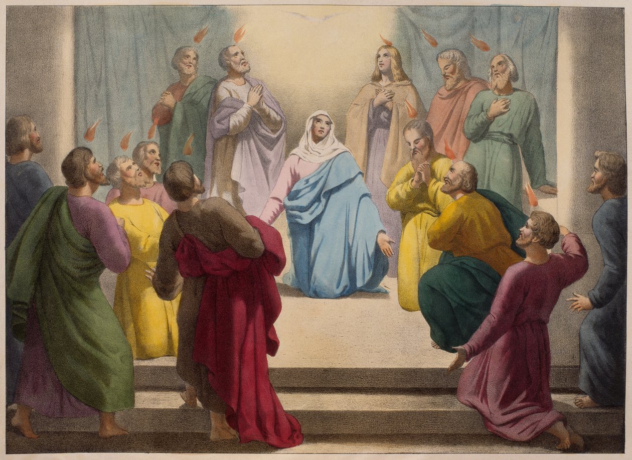 Descent of the Holy Spirit, illustration fra en katekismus LHistoire Sainte, udgivet af Charles Delagrave, Paris, slutningen af det 19. århundrede af French School