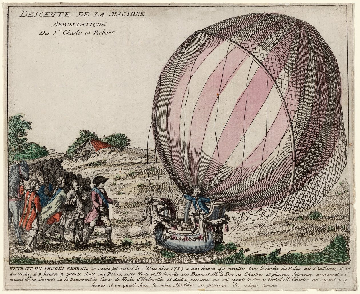 Nedstigning af Aerostatic Machine of Srs. Charles og Robert, pub. 1783 (håndkoloreret gravering) af French School