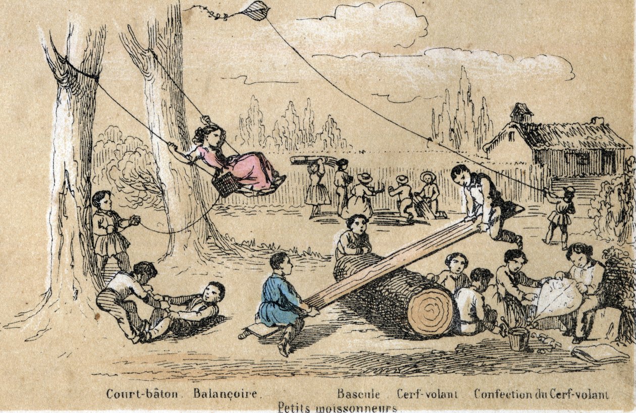 Beskrivelse af børns fritidsaktiviteter og -lege: udendørslege, kort stok, gynge, vugge (tappe på numsen) og lave en drage (flyvende drage). Tallerken "" les jeux de l