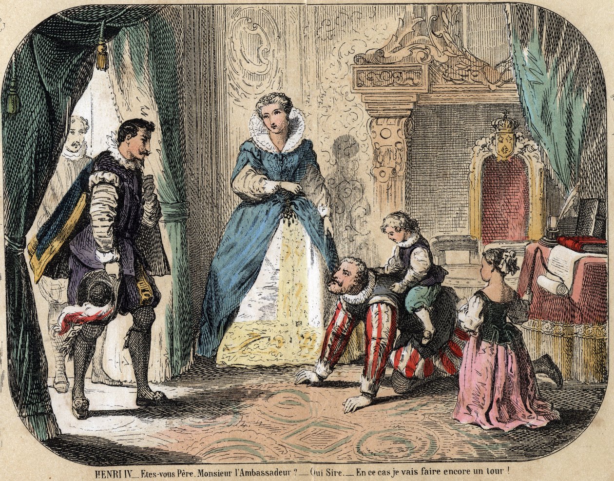 Beskrivelse af børns fritid og leg: Kongen af Frankrig Henrik IV (1553-1610) leger med sine børn (sandsynligvis Ludvig XIII og Elisabeth af Frankrig) foran den spanske ambassadør. Dronning Mary af Medicis er til stede. Tallerken "" les jeux de l