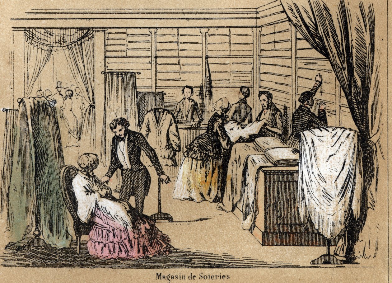 Beskrivelse af kultur og silkeprodukter: en silkebutik. Tavle "" la soie"" i "" les Recreations instructives"" Synoptisk maleri af Jules DELBRUCK, stik fra 1860. Privat samling. af French School