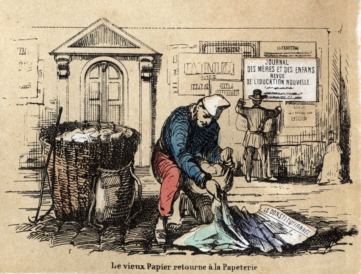Beskrivelse af de forskellige produkter og anvendelser af papir: gammelt papir tages op for at blive til klud igen. Tavle "" Le papier et ses produits"" i "" les Recreations instructives"" Synoptisk maleri af Jules Delbruck, stik fra 1860. Privat samling. af French School