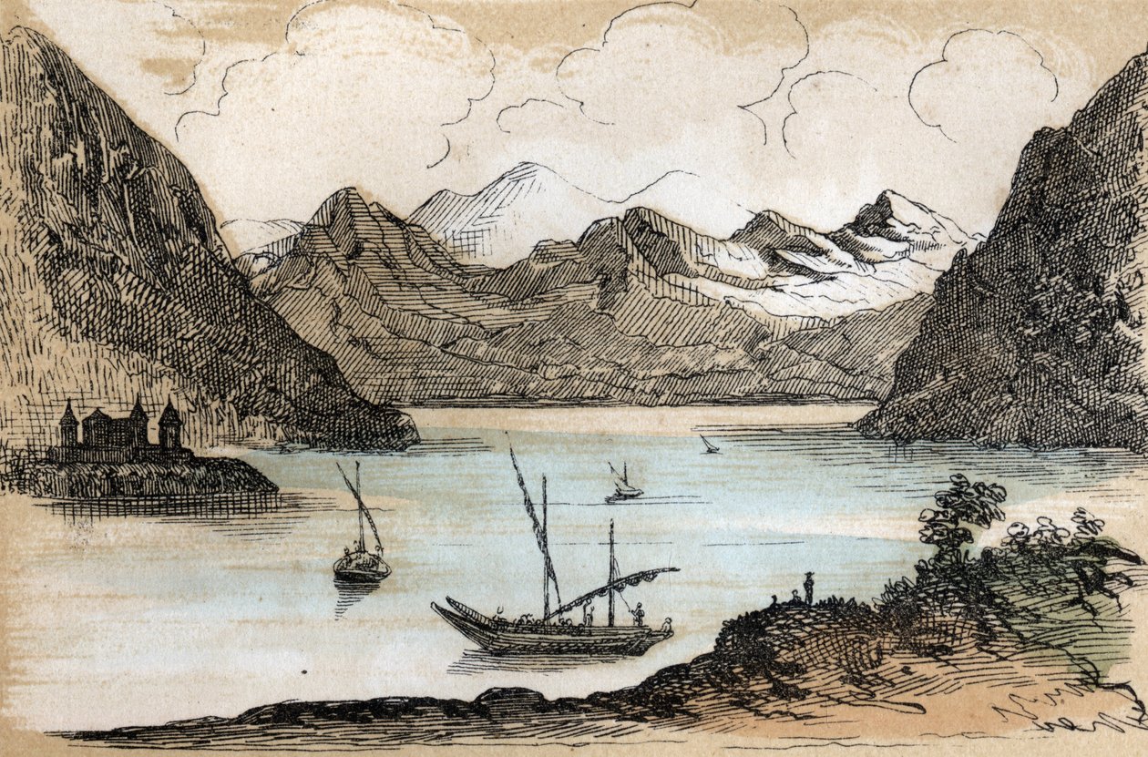 Beskrivelse af de forskellige typer landskaber og relieffer i henhold til geografi: detaljer, der viser Genevesøen. Tavle "" Physical Geography"" i "" les Recreations instructives"" Synoptisk maleri af Jules DELBRUCK, gravering fra 1860. Private collecti af French School