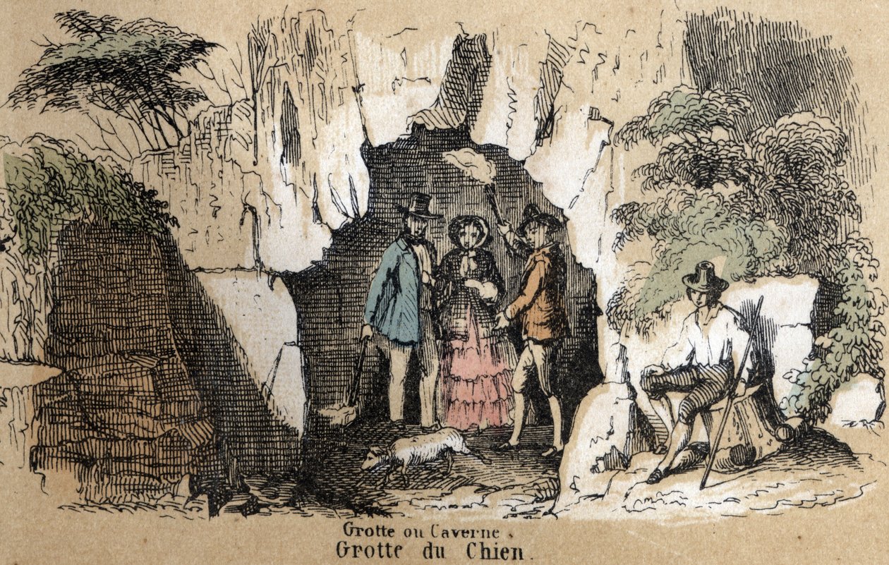 Beskrivelse af de forskellige typer landskaber og relieffer afhængigt af geografi: detaljer, der repræsenterer besøgende i hundehulen. Tavle "" Physical Geography"" i "" les Recreations instructives"" Synoptisk maleri af Jules DELBRUCK, gravering fra 18. af French School