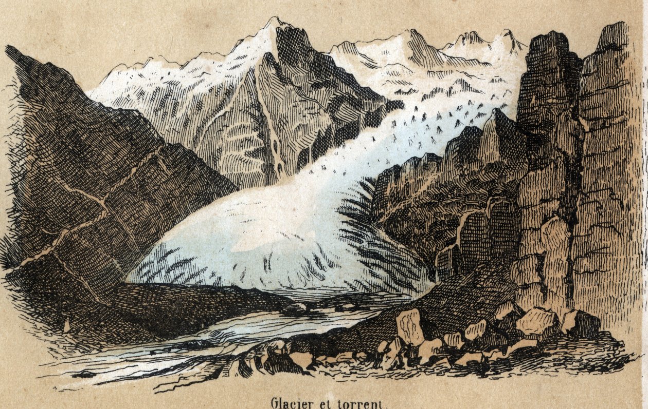 Beskrivelse af de forskellige typer landskaber og relieffer afhængigt af geografien: detaljer, der viser en gletsjer (eller hav af is) i en bjergkæde. Tavle "" Physical Geography"" i "" les Recreations instructives"" Synoptisk maleri af Jules DELBRUCK, af French School