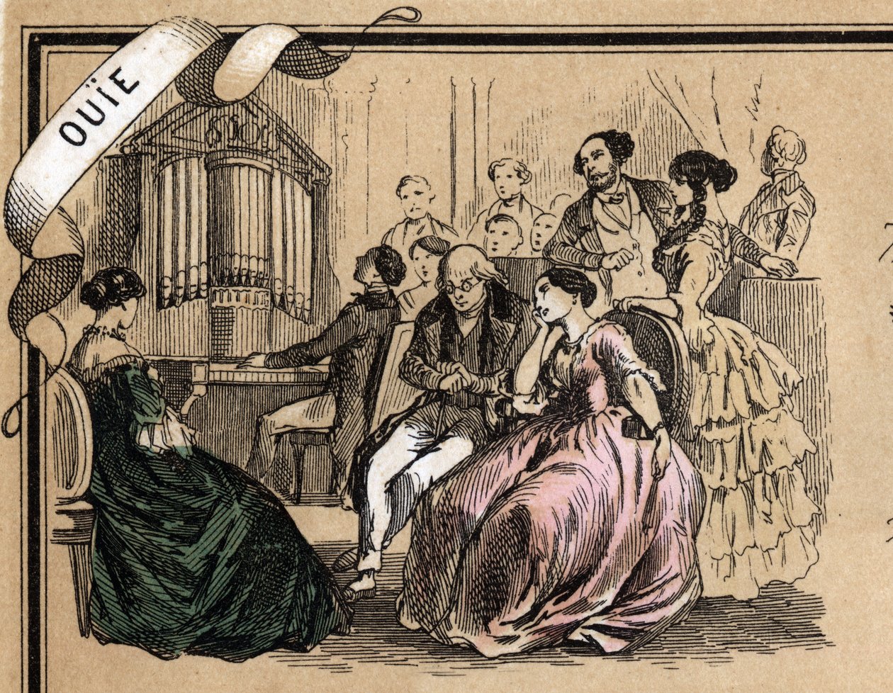 Beskrivelse af de fem sanser: detaljer om hørelsen, en koncert med musik under en social aften. Tavle "" Les cinq sens"" i "" les Recreations instructives"" Synoptisk maleri af Jules Delbruck, stik fra 1860. Privat samling. af French School