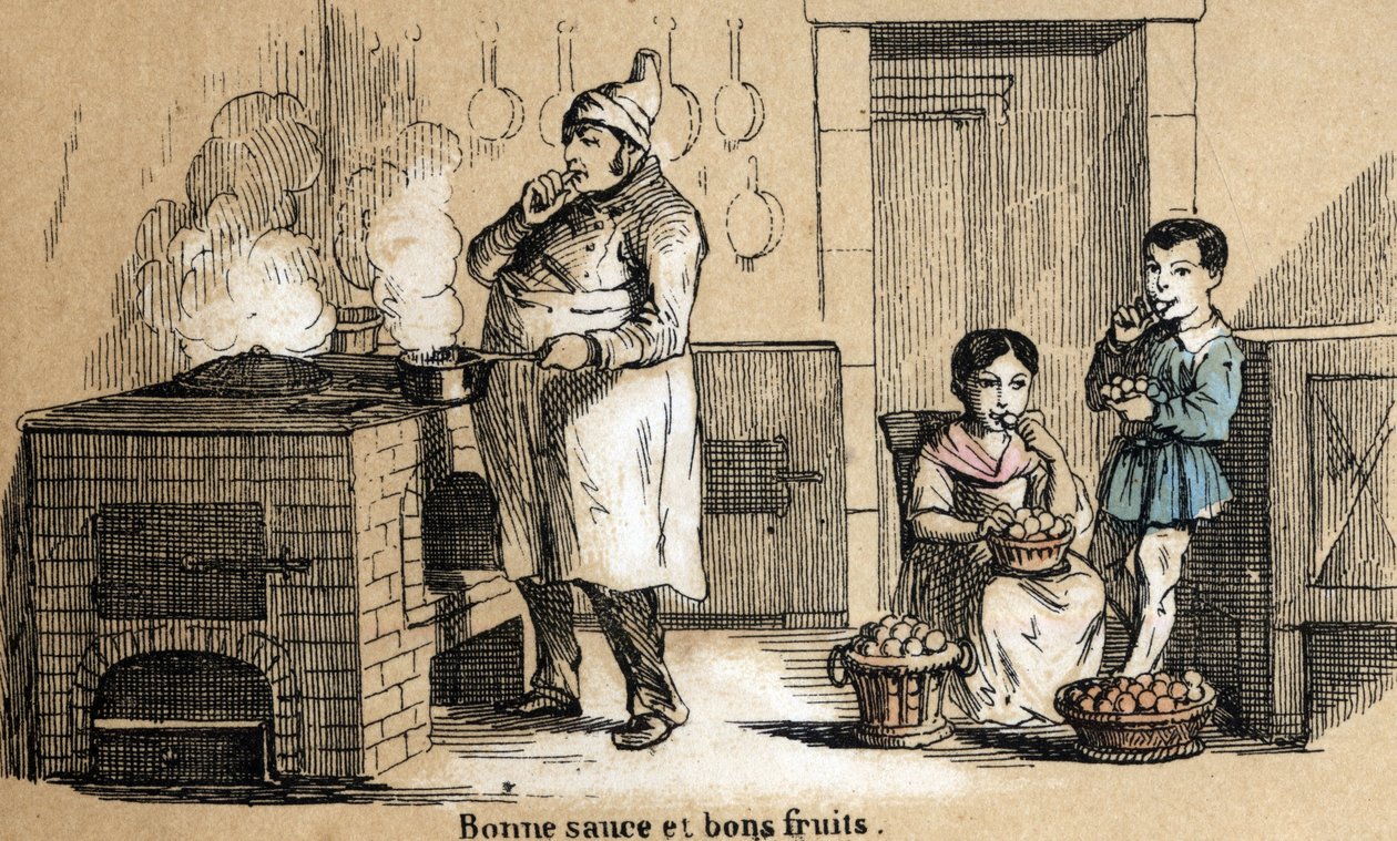 Beskrivelse af de fem sanser: detaljer i smagen, en kok smager sin sauce og børn knaser i frugt. Tavle "" Les cinq sens"" i "" les Recreations instructives"" Synoptisk maleri af Jules Delbruck, stik fra 1860. Privat samling. af French School
