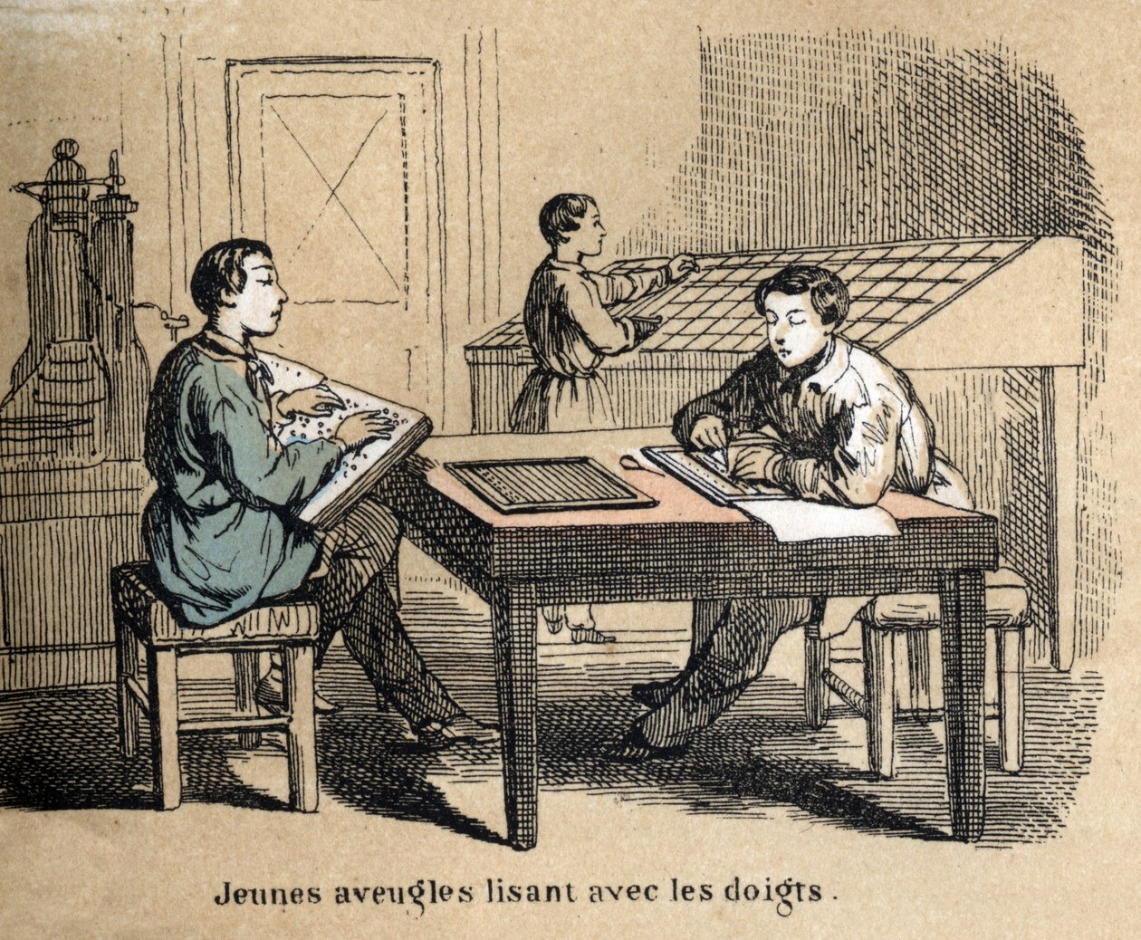 Beskrivelse af de fem sanser: detalje af berøring, unge blinde drenge bruger berøring til at tyde tekster gennem Braille-alfabetet, et taktilt skriftsystem. Tallerken "" Les cinq sens"" i "" les Recreations instructives"" Synoptisk maleri af Jules Delbruck af French School