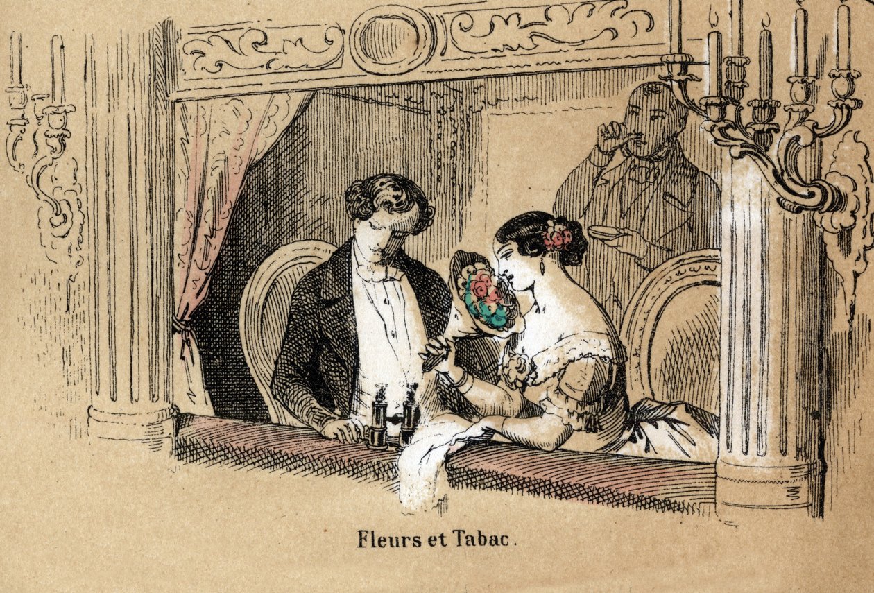 Beskrivelse af de fem sanser: lugt, tilskuere i en operaloge, badet i duften af blomster og tobak. Tavle "" Les cinq sens"" i "" les Recreations instructives"" Synoptisk maleri af Jules Delbruck, gravering fra 1860. Privat samling af French School