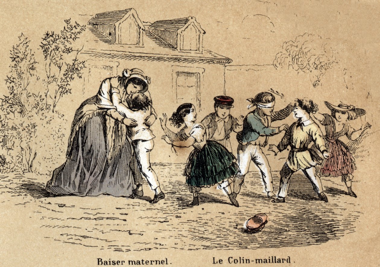 Beskrivelse af de fem sanser: berøringen, en mor, der krammer sit barn til moderkontakt og legen med collin-aillard. Tavle "" Les cinq sens"" i "" les Recreations instructives"" Synoptisk maleri af Jules Delbruck, stik fra 1860. Privat af French School