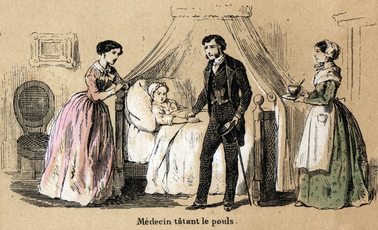 Beskrivelse af de fem sanser: berøring, en læge, der tager pulsen på en syg pige. Tavle "" Les cinq sens"" i "" les Recreations instructives"" Synoptisk maleri af Jules Delbruck, stik fra 1860. Privat samling. af French School