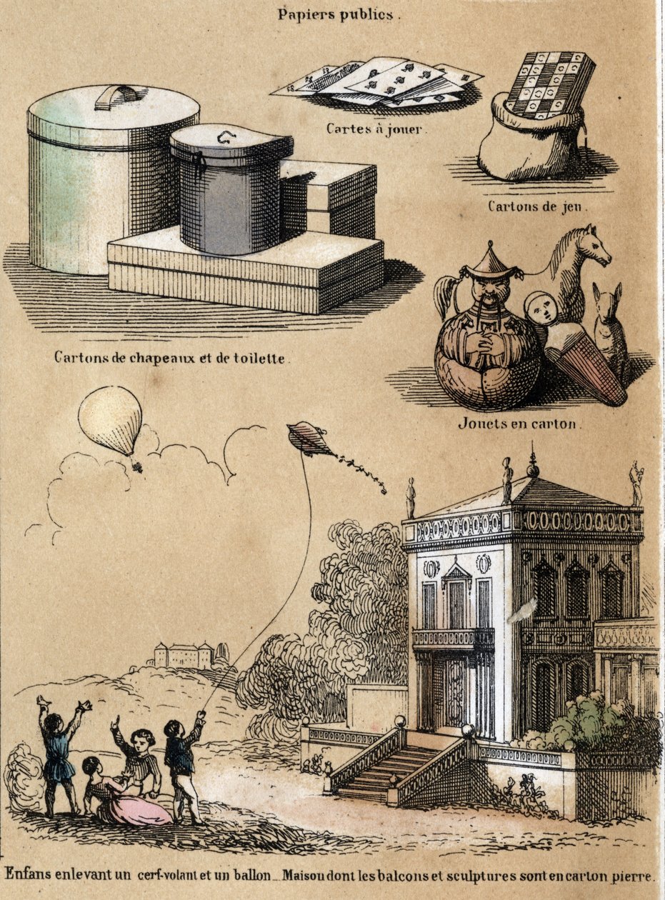 Beskrivelse af de forskellige produkter og anvendelser af papir: pap- og hatteæsker, spillekort, spil som drager eller balloner. Tavle "" Le papier et ses produits"" i "" les Recreations instructives"" Synoptisk maleri af Jules Delbruck, gravering fra af French School