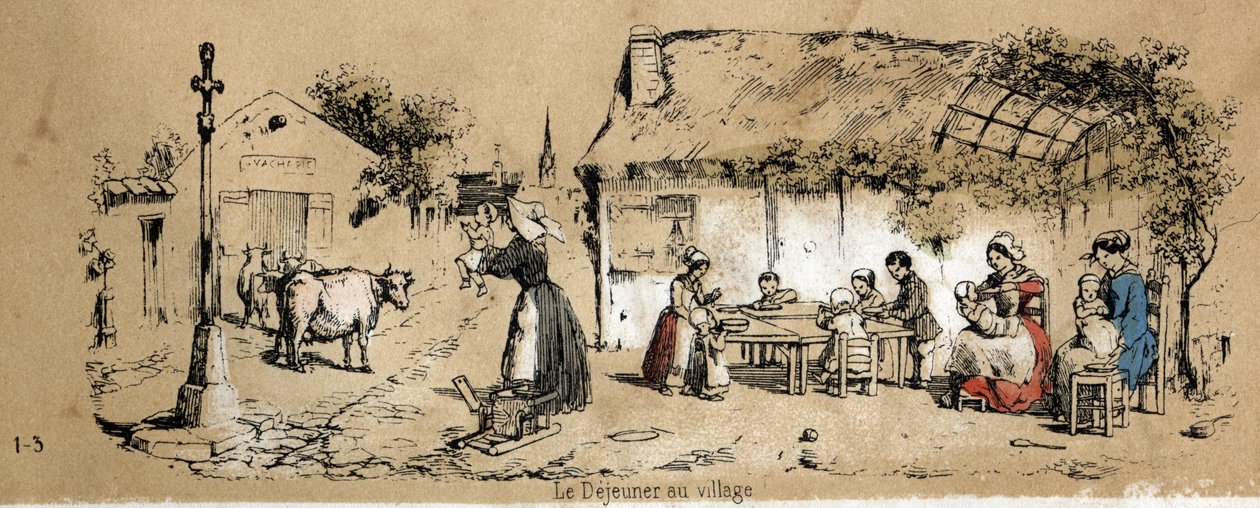 Beskrivelse af koens forskellige produkter og anvendelser: scene for dagliglivet i en landsby. Tavle "" La coache et ses produits"" i "" les Recreations instructives"" Synoptisk maleri af Jules DELBRUCK, stik fra 1860. Privat samling. af French School