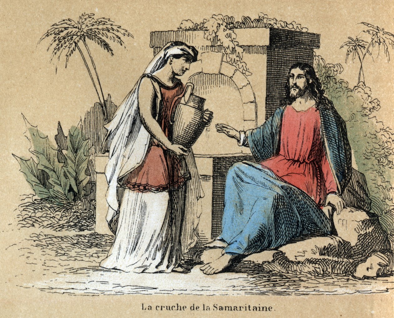 Beskrivelse af de forskellige stadier af fremstilling og brug af ler: Jesus og samaritaner bærer en lerkande i Bibelen. Tavle "" Leret og dets produkter"" i "" Les Recreations instructives"" Synoptisk maleri af Jules DELBRUCK, gravering fra 1860. Privat af French School