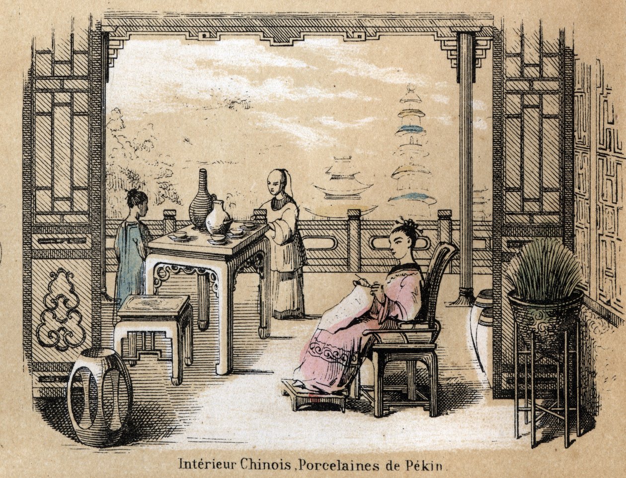 Beskrivelse af de forskellige fremstillingsstadier og anvendelser af ler: et kinesisk interiør med Pekin-porcelæn. Tavle "" Leret og dets produkter"" i "" Les Recreations instructives"" Synoptisk maleri af Jules DELBRUCK, gravering fra 1860. Private collec af French School