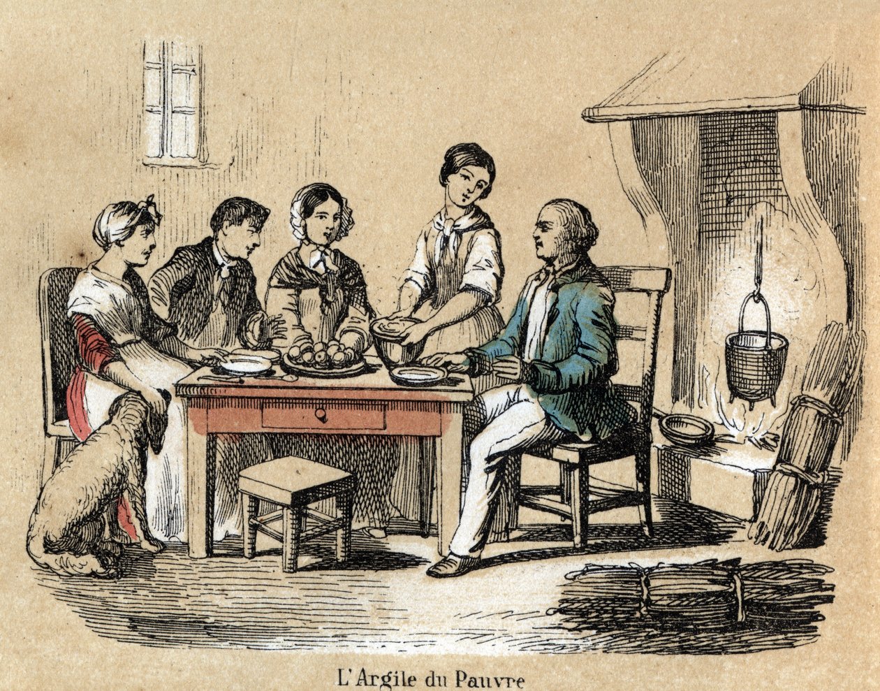 Beskrivelse af de forskellige stadier af fremstilling og anvendelse af ler: brugen af ler hos de fattige praktikanter, en familie genforenet ved bordet, der spiste i lertallerkener af middelmådig kvalitet. Plade "" Leret og dets produkter"" i "" Les Recrea af French School