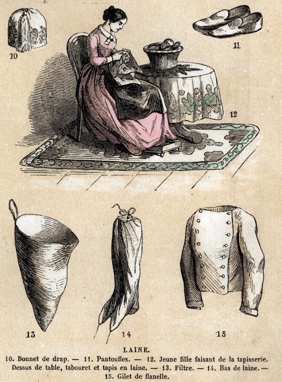 Beskrivelse af de forskellige anvendelser og produkter af får: gobelin og uldprodukter, hat, hjemmesko, uldstrømper, flannelvest. Tavle "" Les Moutons"" i "" les Recreations instructives"" Synoptisk maleri af Jules DELBRUCK, gravering fra 1860. Privat af French School