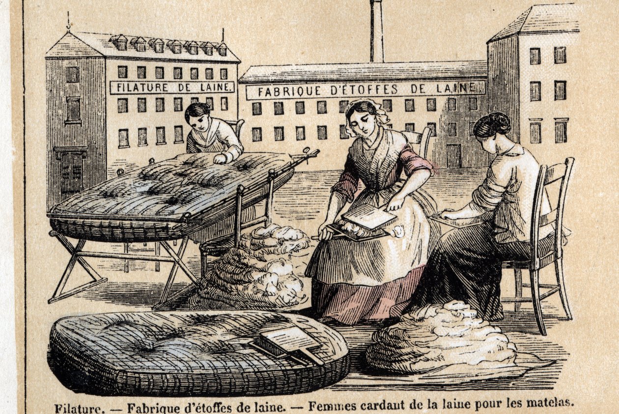 Beskrivelse af de forskellige anvendelser og produkter af får: arbejdere, der karter uld til madrasser i en fabriks gård. Tavle "" Les Moutons"" i "" les Recreations instructives"" Synoptisk maleri af Jules DELBRUCK, gravering fra 1860. Privat samling. af French School