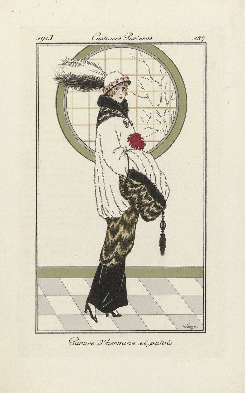 Design til Hermelin- og Ildkat-ensemble, fra Costumes Parisien, pub.1913 (pochoir print) af French School