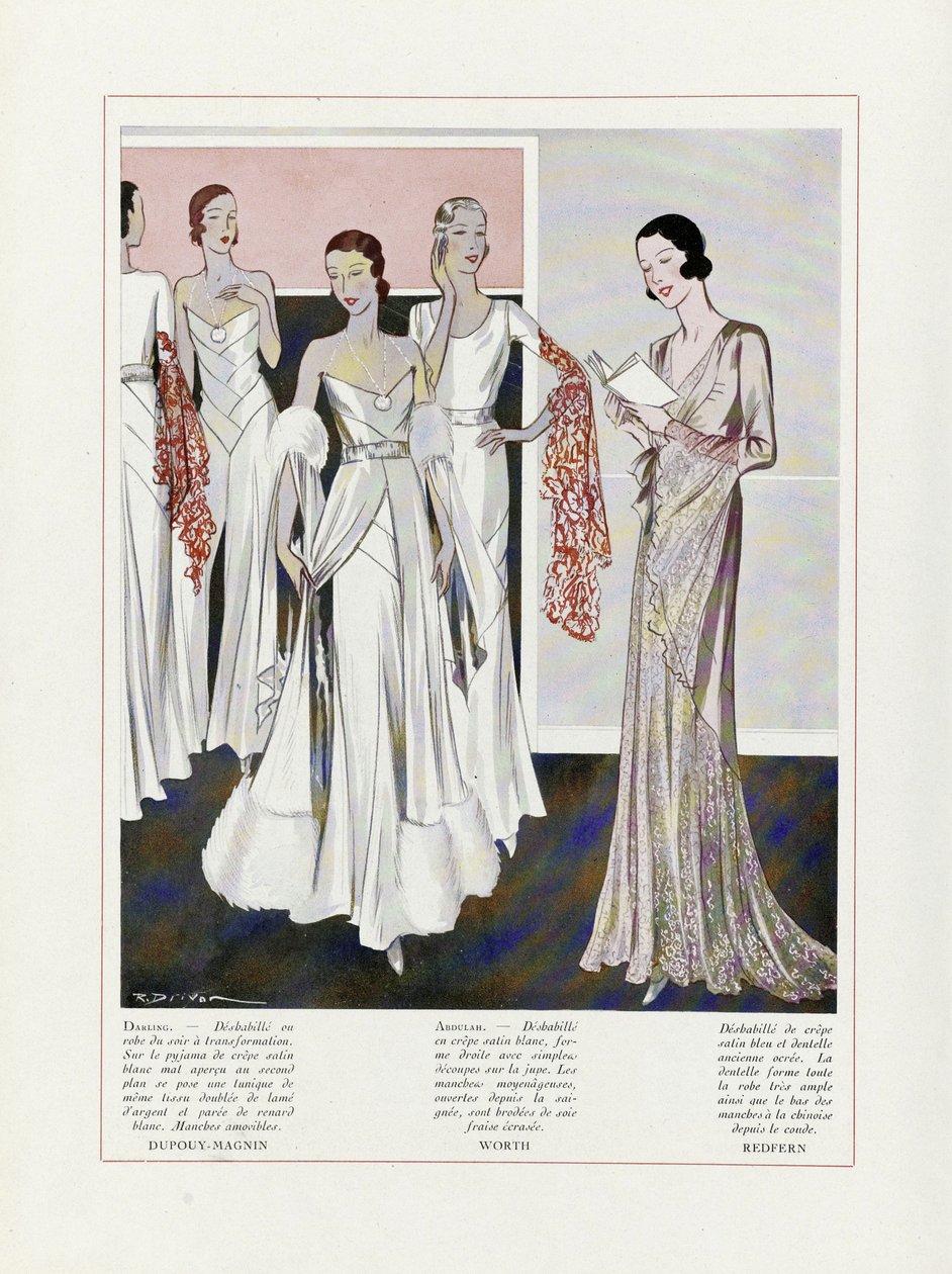 Design til aftenkjoler af Depouy-Magnin, Worth og Redfern, fra Art, Gout, Beaute, pub. 1931 (farvelitografi) af French School
