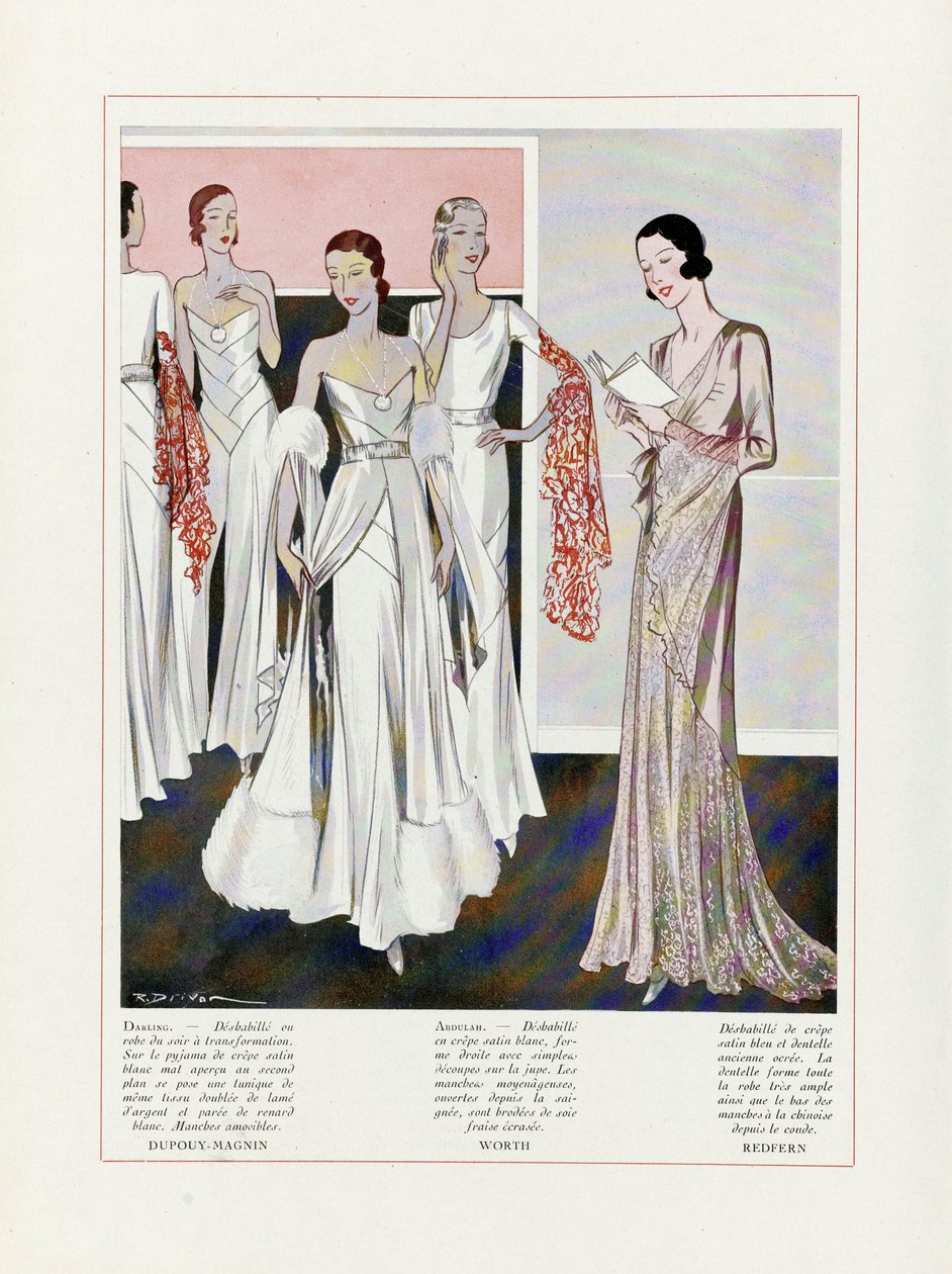 Design til aftenkjoler af Depouy-Magnin, Worth og Redfern, pub. 1931 farvelitografi. af French School