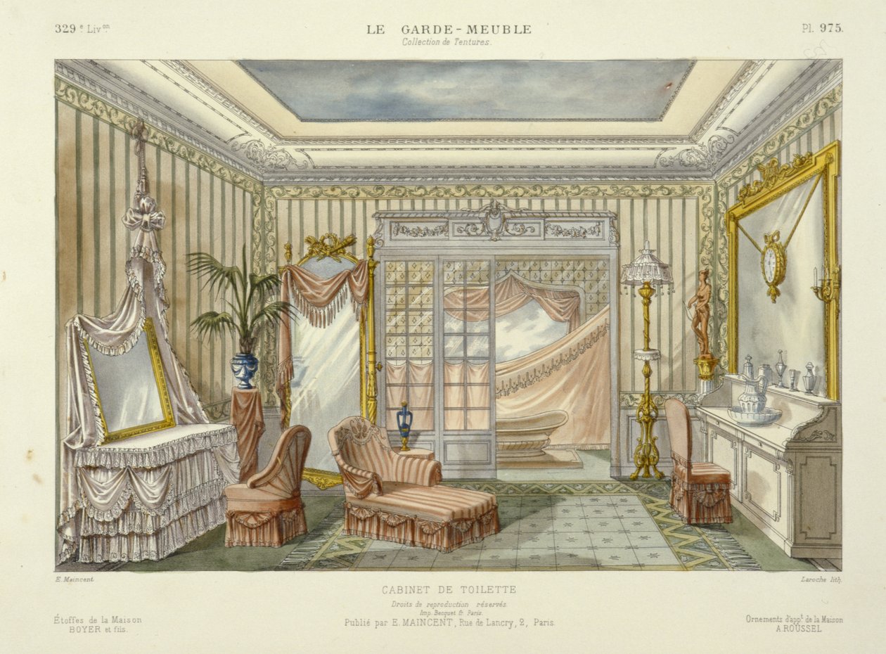 Design til en badeværelsessuite fra Le Garde-Meuble, Pub. Paris, ca. 1890 (farvelitografi) af French School