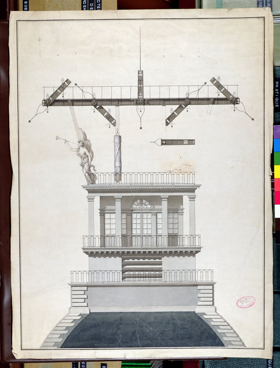 Design til en Chappe-telegrafstation til en af Louvres kupler, Paris, begyndelsen af det 19. århundrede (pen & blæk og wc på papir) af French School