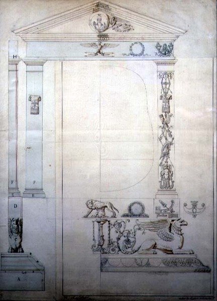 Design til et Cheval-spejl, ca. 1815 (pen & blæk og akvarel på papir) af French School