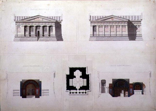 Design til et mausoleum i græsk revivalstil, C.1835 (pen og blæk med akvarel på papir) af French School