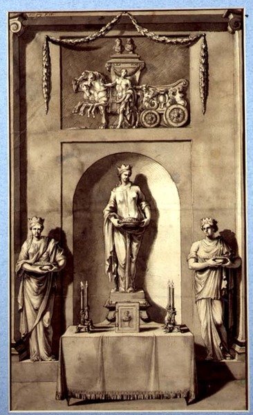 Design til en skulpturel alkove med Apollon og hans vogn, ca.1760 (akvarel på papir) af French School