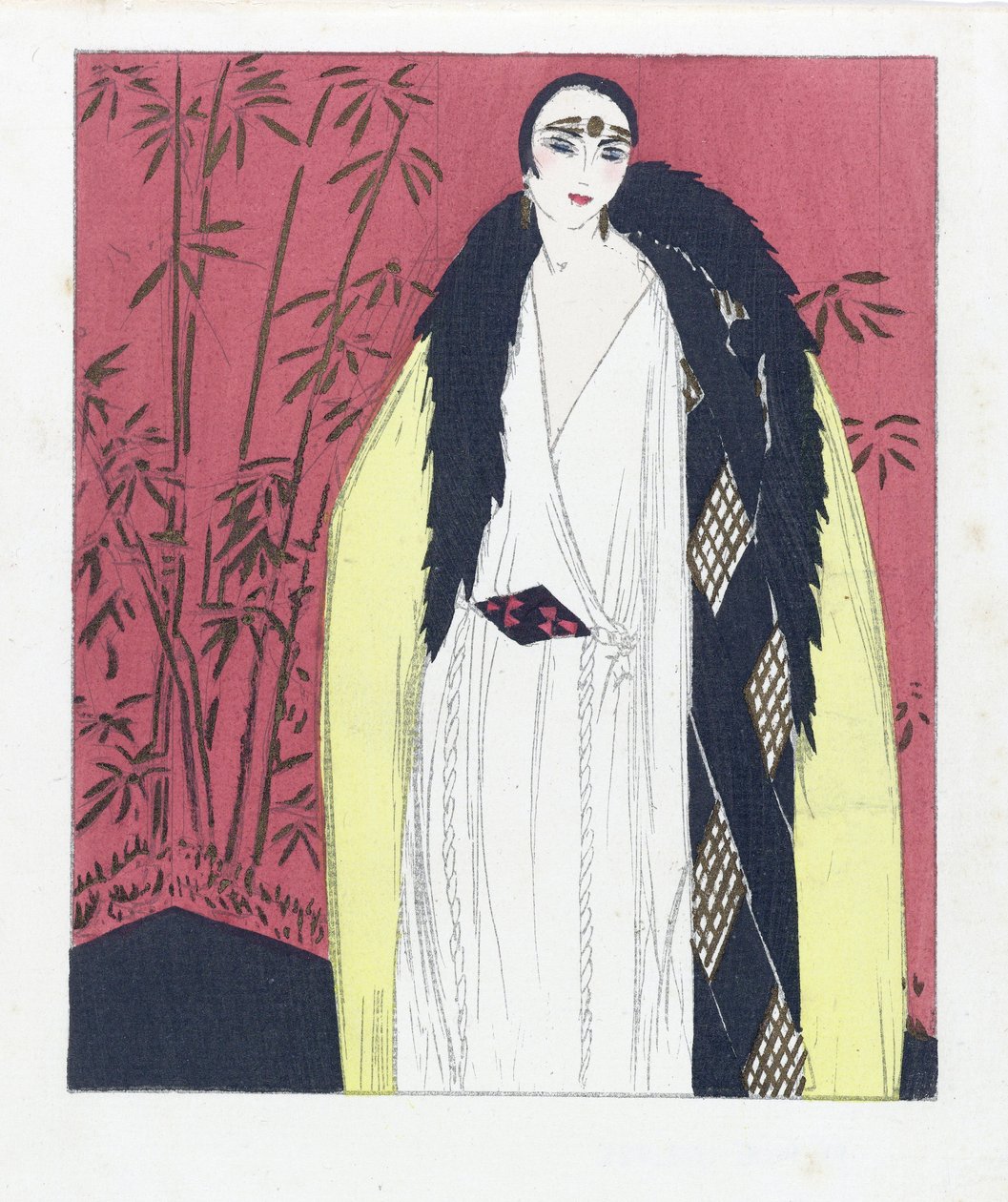 Design til en aftenkjole med pelsbeklædt kappe, pub. 1924 (pochoir-tryk) af French School
