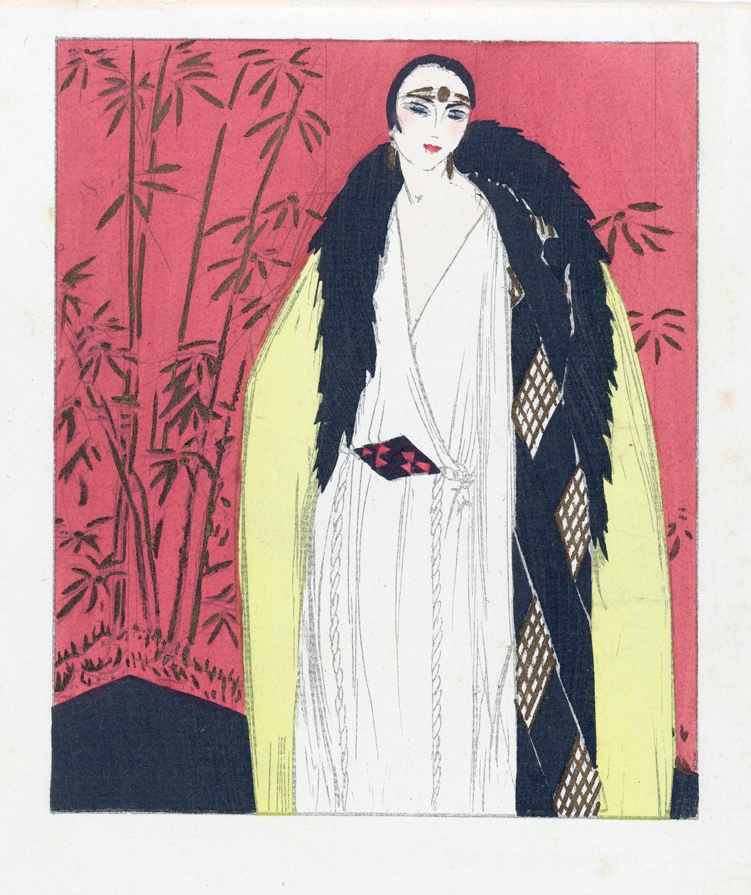 Design til en aftenkjole med pelstrimmet kappe, pub. 1924 pochoir tryk. af French School